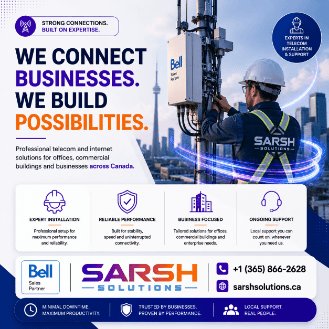SARSH Solutions telecom technician installing Bell equipment on a rooftop tower, with Toronto skyline in the background.